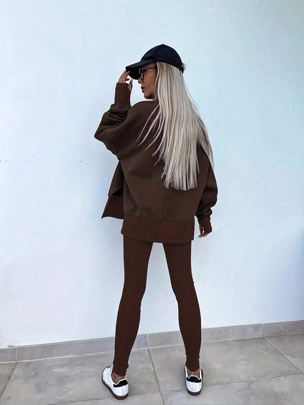 Conjunto Moletom Oversized Com Blusa Alongada E Calça Legging Casual