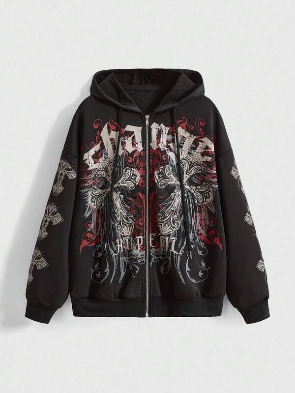 Moletom Com Capuz E Zíper Frontal Com Estampa Gráfica Streetwear
