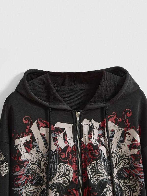 Moletom Com Capuz E Zíper Frontal Com Estampa Gráfica Streetwear