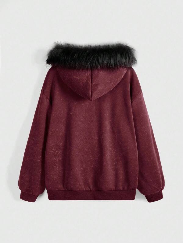 Moletom Com Capuz E Zíper Frontal Com Gola De Pelúcia E Estampa Gráfica