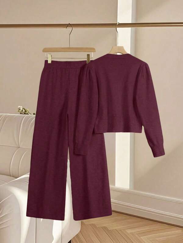 Conjunto Tricot Com Cardigan Cropped E Calça Pantalona Casual