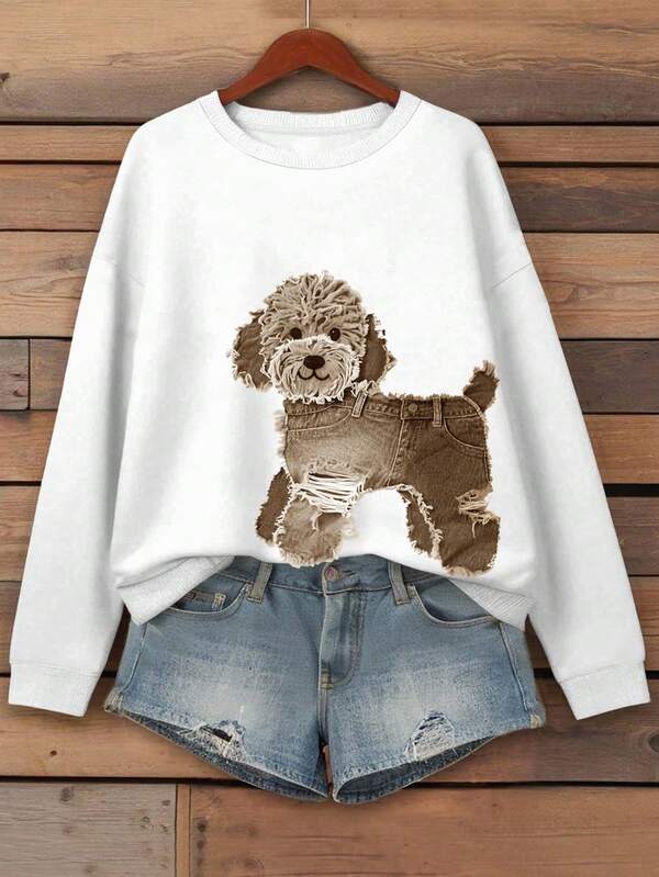 Moletom Gola Careca Com Estampa De Cachorro Poodle Casual