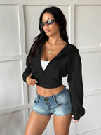 Moletom Cropped Com Capuz E Cordão Ajustável Casual