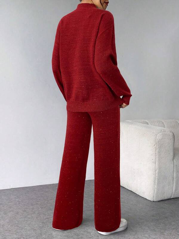 Conjunto Tricot Gola Alta Com Blusa Solta E Calça Pantalona