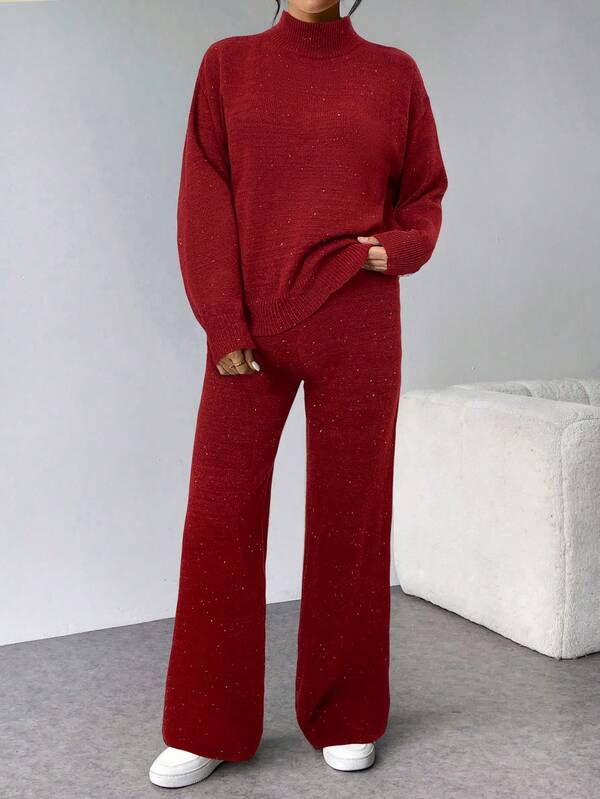Conjunto Tricot Gola Alta Com Blusa Solta E Calça Pantalona