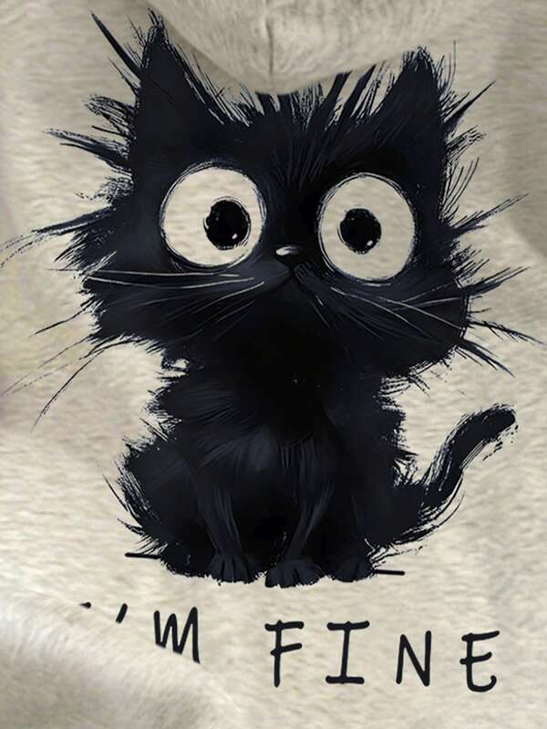 Moletom Com Capuz Estampa De Gato Nas Costas Casual