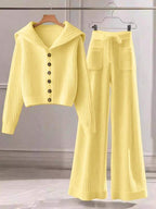 Conjunto Tricot Canelado Com Cardigan De Botões E Calça Pantalona