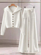 Conjunto Tricot Canelado Com Cardigan De Botões E Calça Pantalona