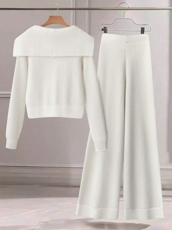 Conjunto Tricot Canelado Com Cardigan De Botões E Calça Pantalona
