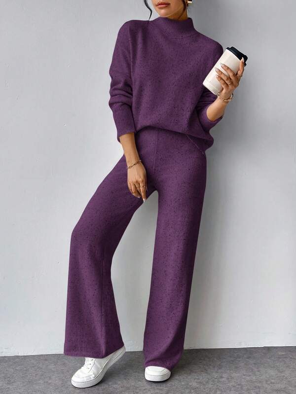 Conjunto Tricot Gola Alta Com Blusa Solta E Calça Pantalona