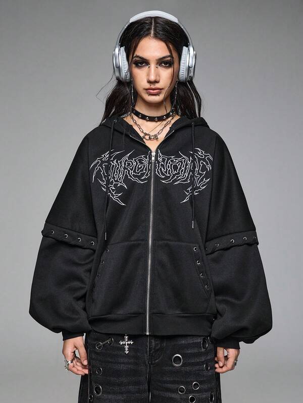 Moletom Com Capuz E Zíper Frontal Com Estampa Escrita Streetwear