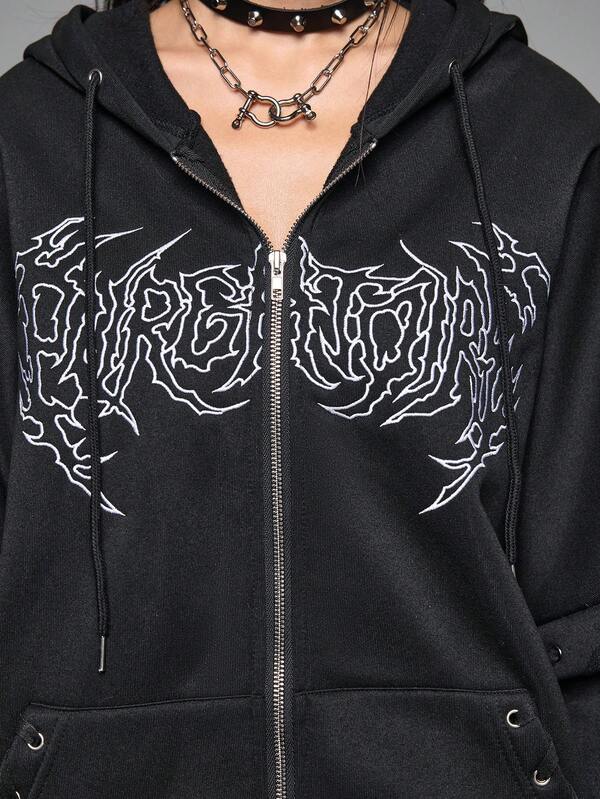 Moletom Com Capuz E Zíper Frontal Com Estampa Escrita Streetwear