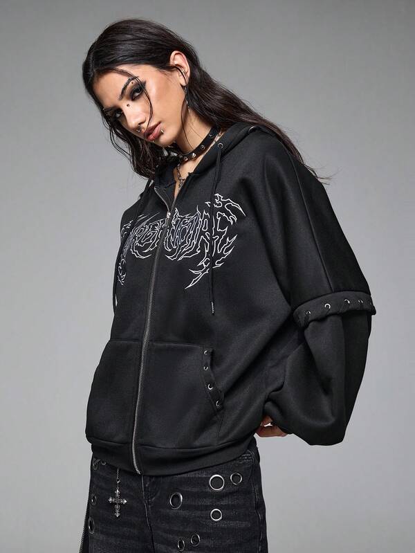 Moletom Com Capuz E Zíper Frontal Com Estampa Escrita Streetwear