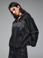 Moletom Com Capuz E Zíper Frontal Com Estampa Escrita Streetwear