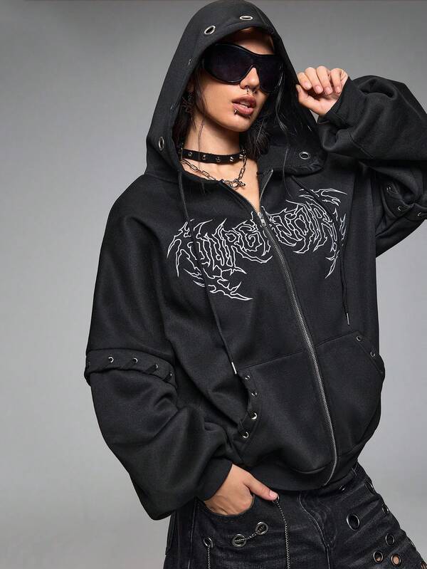 Moletom Com Capuz E Zíper Frontal Com Estampa Escrita Streetwear