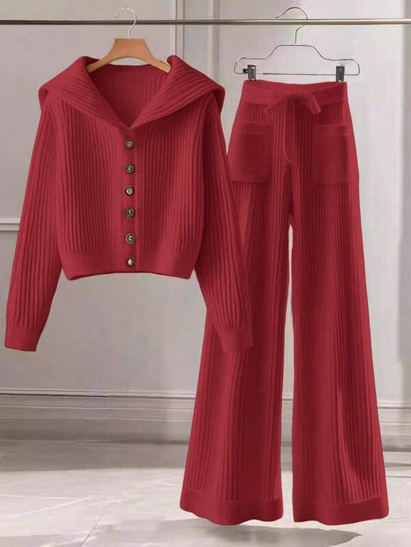 Conjunto Tricot Canelado Com Cardigan De Botões E Calça Pantalona