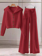 Conjunto Tricot Canelado Com Cardigan De Botões E Calça Pantalona