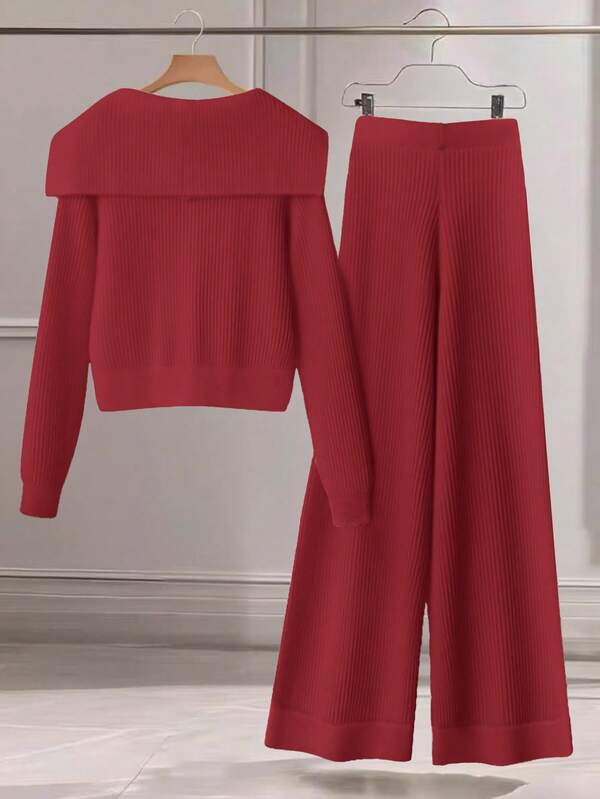 Conjunto Tricot Canelado Com Cardigan De Botões E Calça Pantalona
