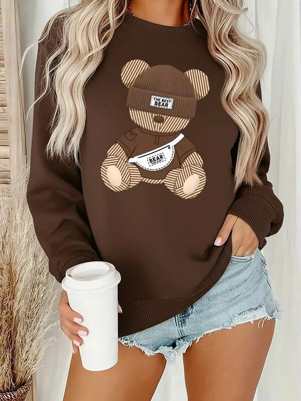 Moletom Gola Careca Com Estampa De Urso Casual