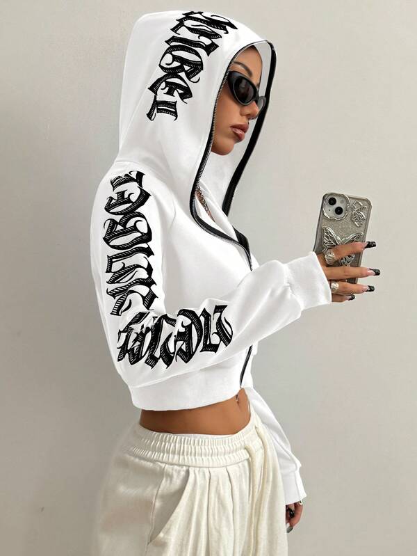 Moletom Cropped Com Capuz E Zíper Frontal Estampa Escrita Gothic