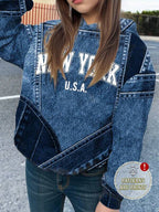 Moletom Com Capuz Estampa Jeans Patchwork Casual