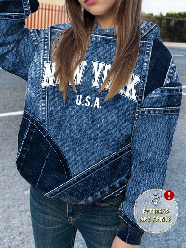 Moletom Com Capuz Estampa Jeans Patchwork Casual