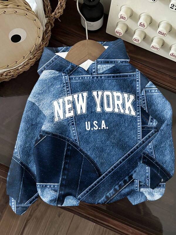 Moletom Com Capuz Estampa Jeans Patchwork Casual