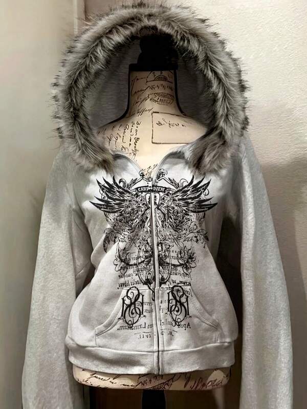 Moletom Com Capuz E Zíper Frontal Com Gola De Pelúcia Estampado