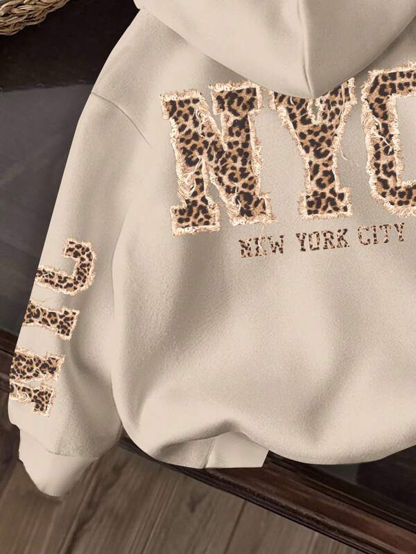 Moletom Com Capuz Estampa NYC Animal Print Nas Costas Casual