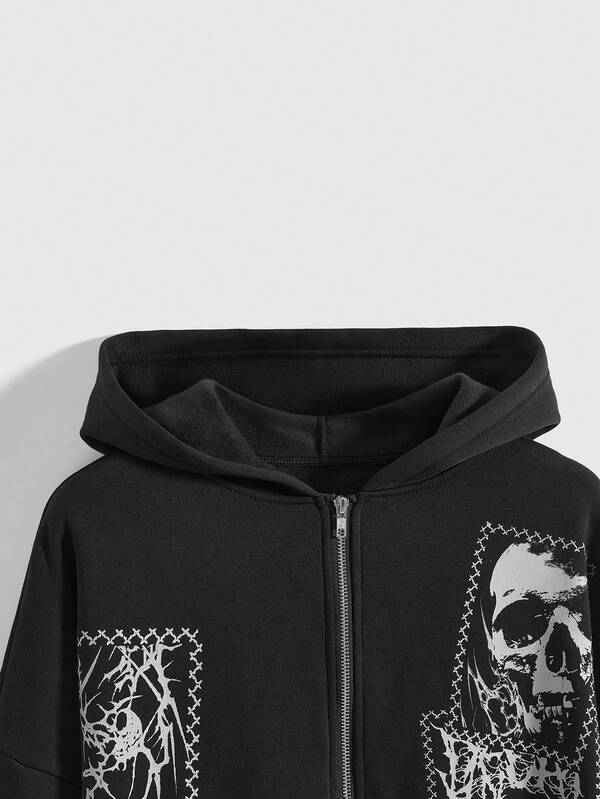 Moletom Com Capuz E Zíper Frontal Com Estampa Patchwork Casual