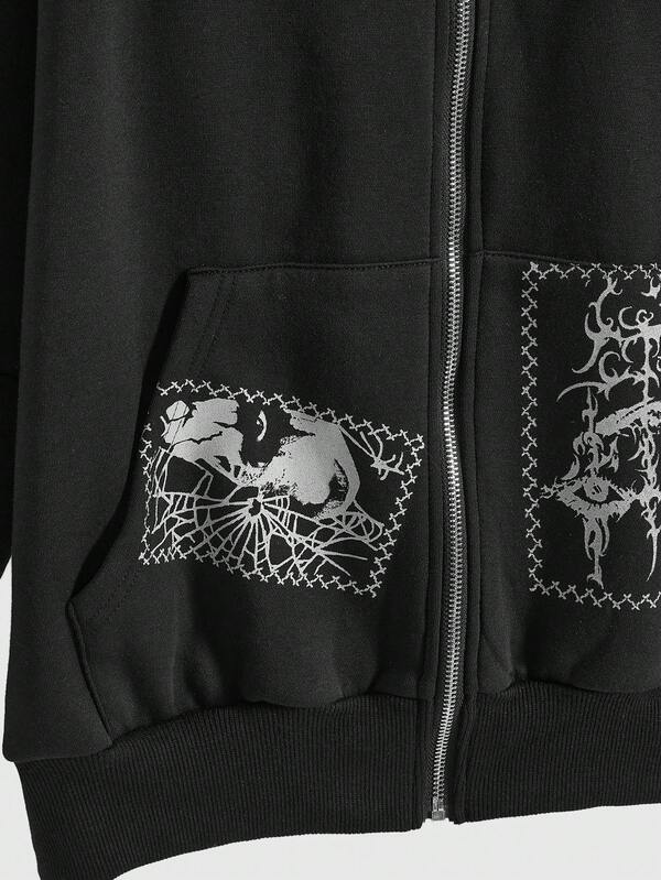 Moletom Com Capuz E Zíper Frontal Com Estampa Patchwork Casual