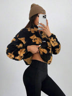 Moletom Peluciado Com Meio Zíper Estampa De Ursinhos Casual