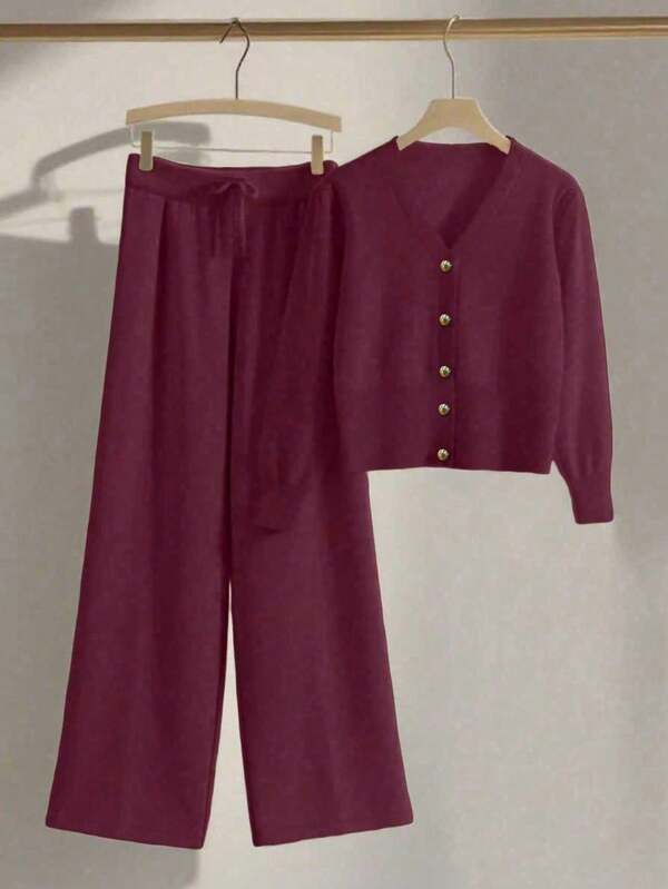 Conjunto Tricot Com Cardigan Cropped E Calça Pantalona Casual