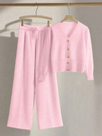 Conjunto Tricot Com Cardigan Cropped E Calça Pantalona Casual
