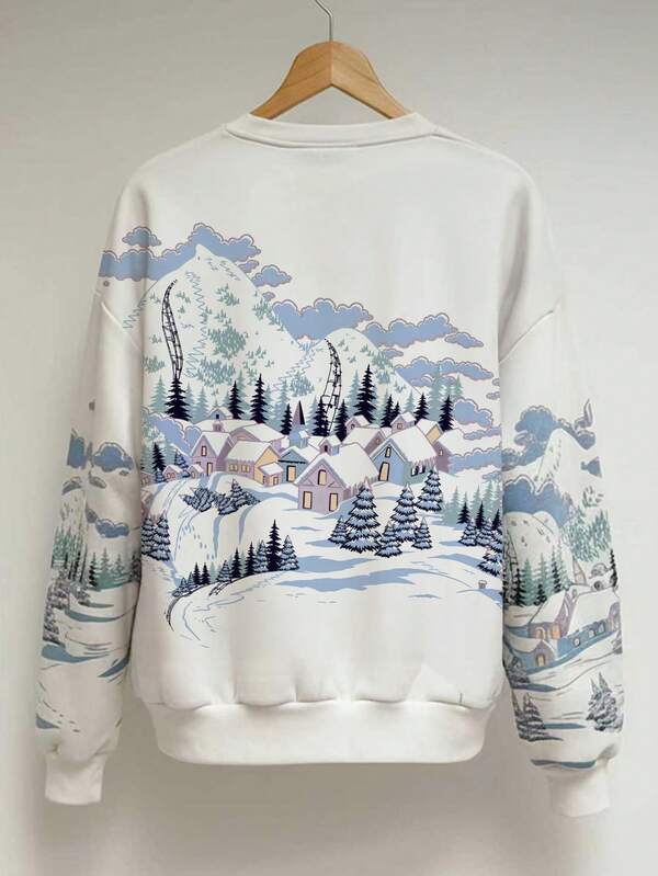 Moletom Gola Careca Com Estampa De Paisagem Invernal Casual
