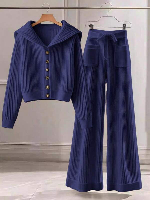 Conjunto Tricot Canelado Com Cardigan De Botões E Calça Pantalona