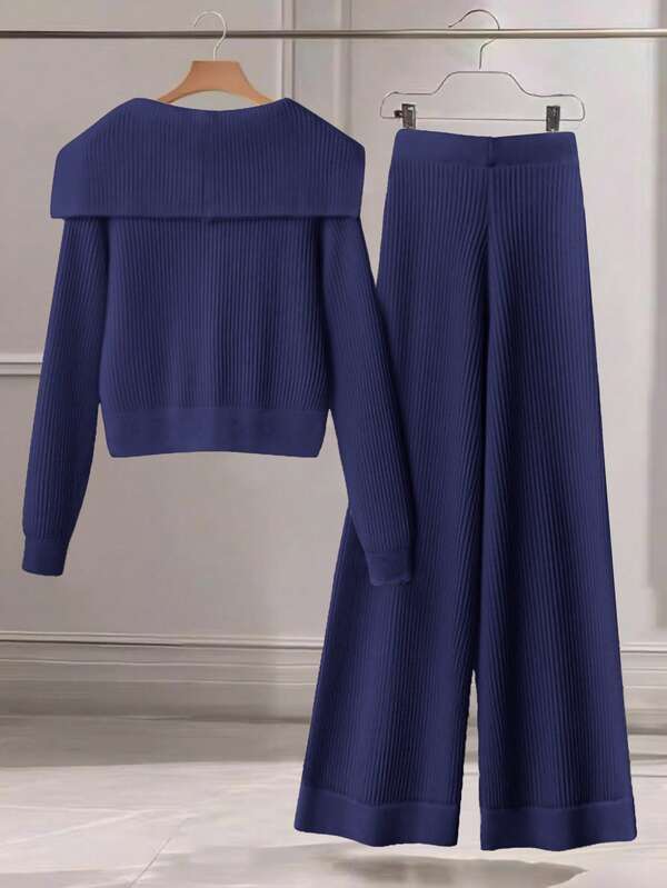 Conjunto Tricot Canelado Com Cardigan De Botões E Calça Pantalona