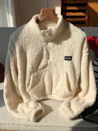 Moletom Cropped Peluciado Com Zíper E Bolso Canguru