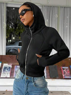 Moletom Cropped Com Zíper Capuz E Recortes