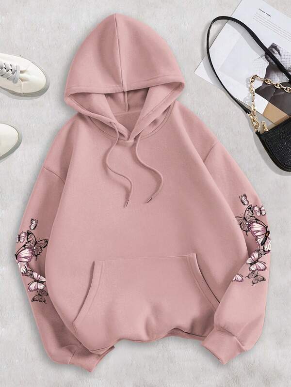 Moletom Com Capuz Estampa De Borboletas Nas Costas Casual