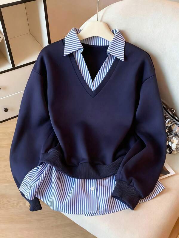 Moletom Gola V Com Sobreposição De Camisa Casual