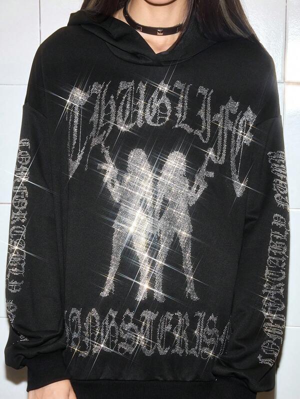Moletom Com Capuz Com Aplique De Strass Estilo Streetwear