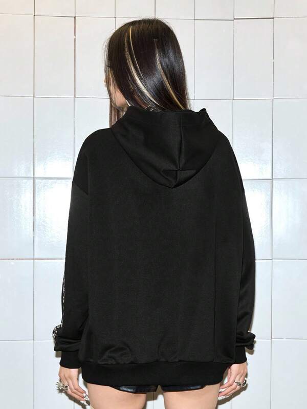 Moletom Com Capuz Com Aplique De Strass Estilo Streetwear