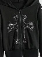 Moletom Cropped Com Capuz E Zíper Frontal Com Aplique Decorativo
