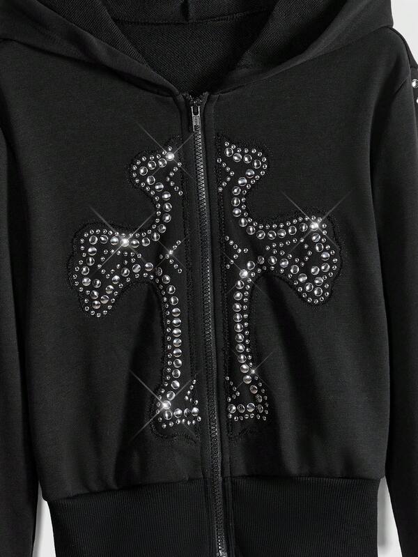 Moletom Cropped Com Capuz E Zíper Frontal Com Aplique Decorativo