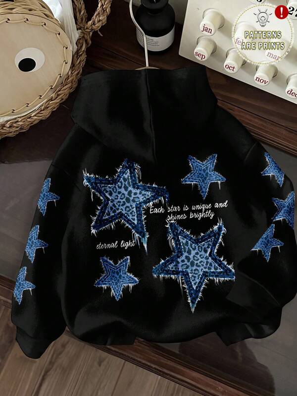 Moletom Com Capuz Com Aplique De Estrelas Nas Costas Casual
