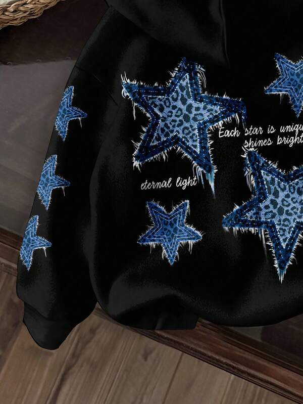 Moletom Com Capuz Com Aplique De Estrelas Nas Costas Casual