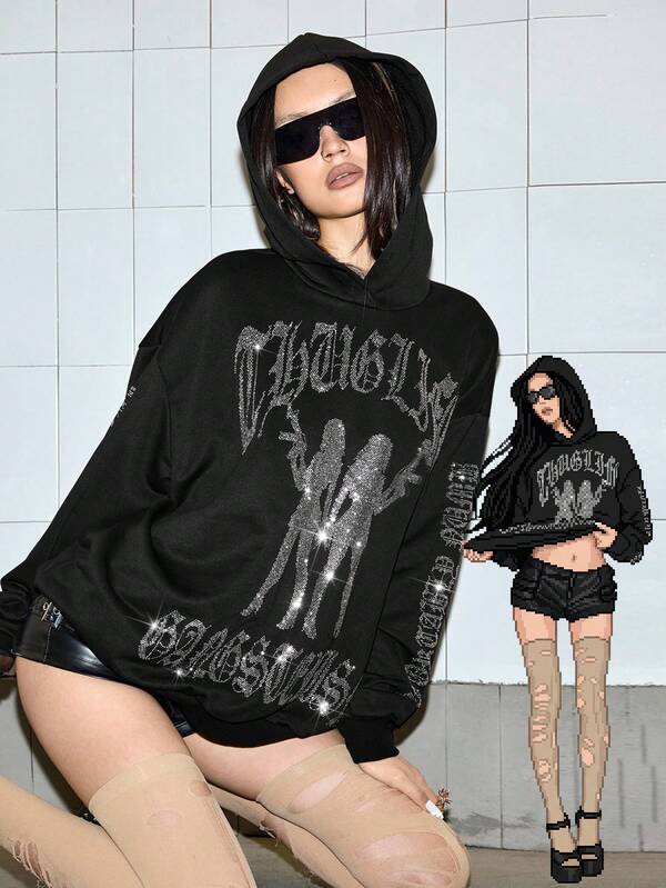 Moletom Com Capuz Com Aplique De Strass Estilo Streetwear