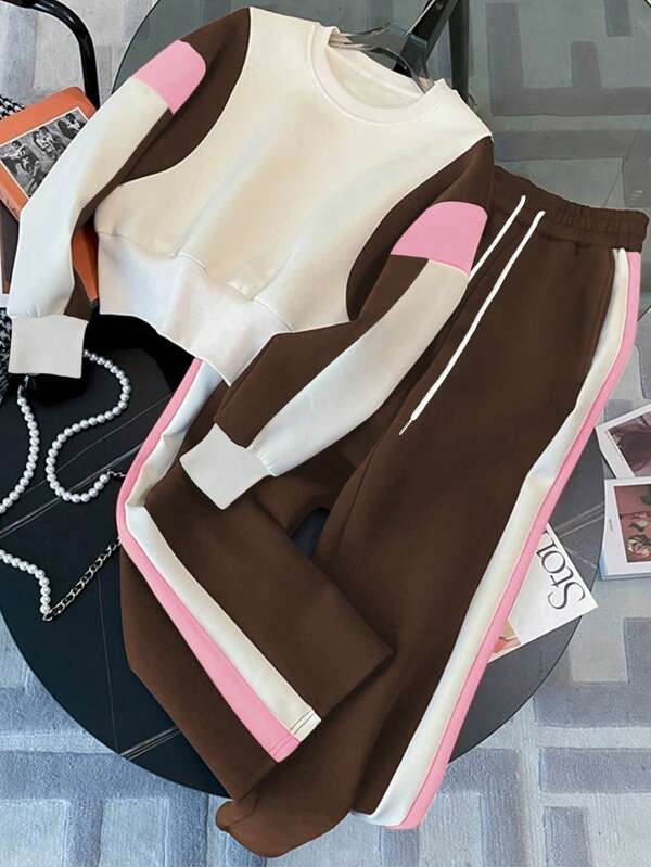 Conjunto Moletom Color Block Com Blusa E Calça Jogger Casual