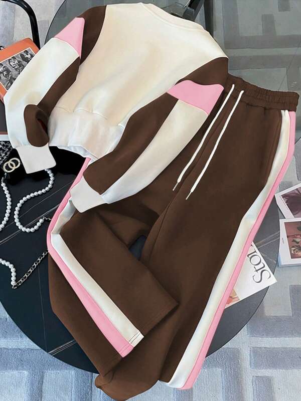 Conjunto Moletom Color Block Com Blusa E Calça Jogger Casual